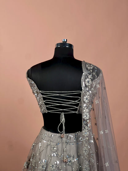 Charcoal Grey Sequin Embellished Net Lehenga Set
