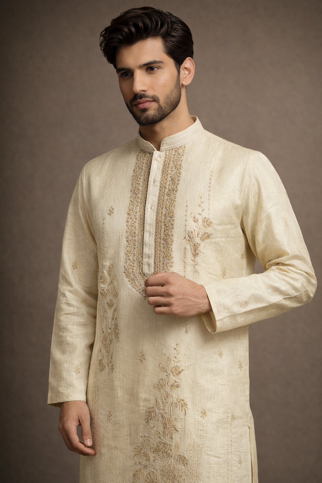 Cream Beige Silk Kurta Set with Antique Gold Embroidery
