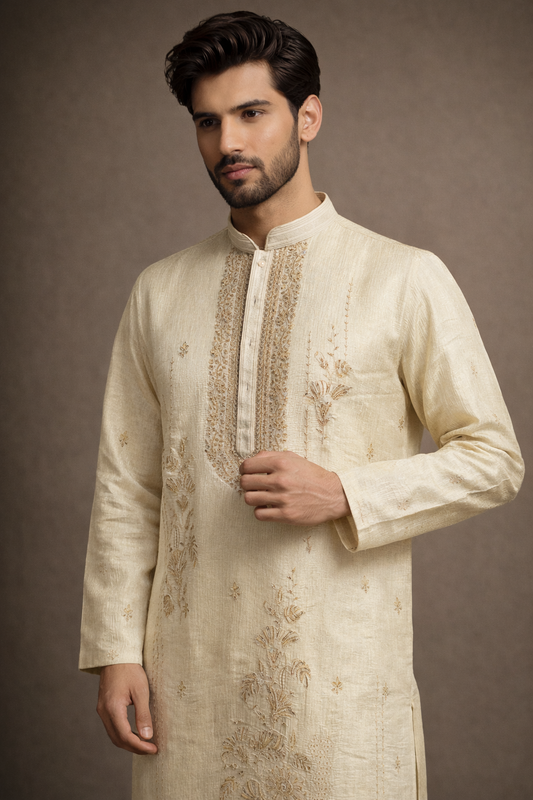 Cream Beige Silk Kurta Set with Antique Gold Embroidery