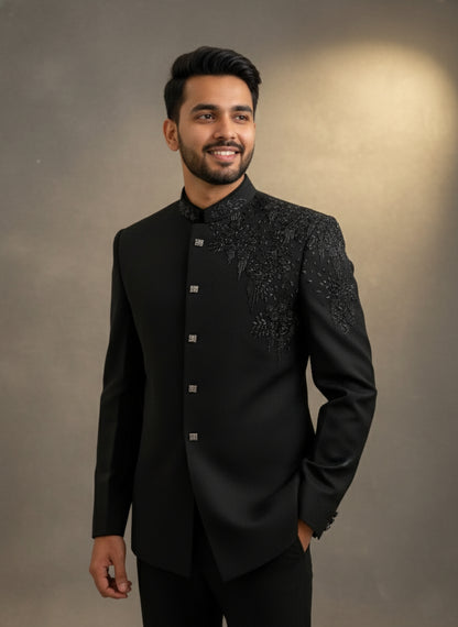 Classic Black Indo Western Suit with Elegant Shoulder Embroidery
