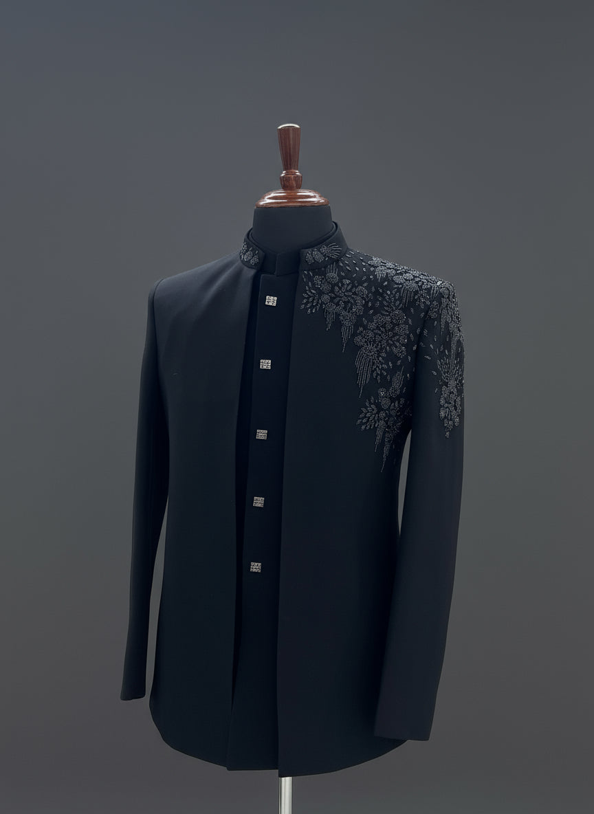 Classic Black Indo Western Suit with Elegant Shoulder Embroidery