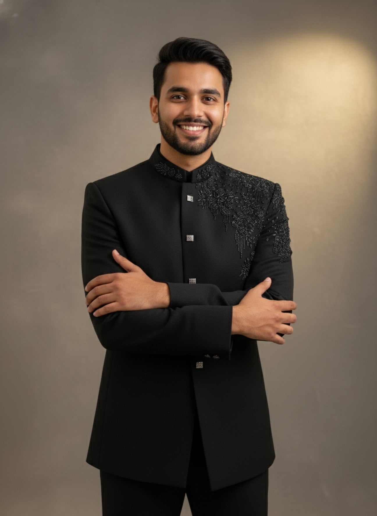 Classic Black Indo Western Suit with Elegant Shoulder Embroidery