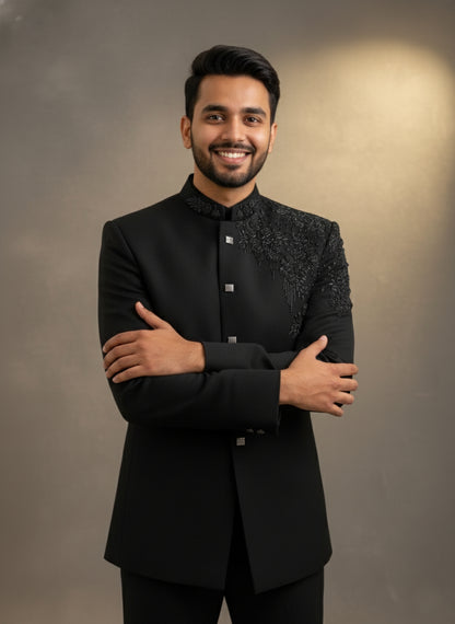 Classic Black Indo Western Suit with Elegant Shoulder Embroidery