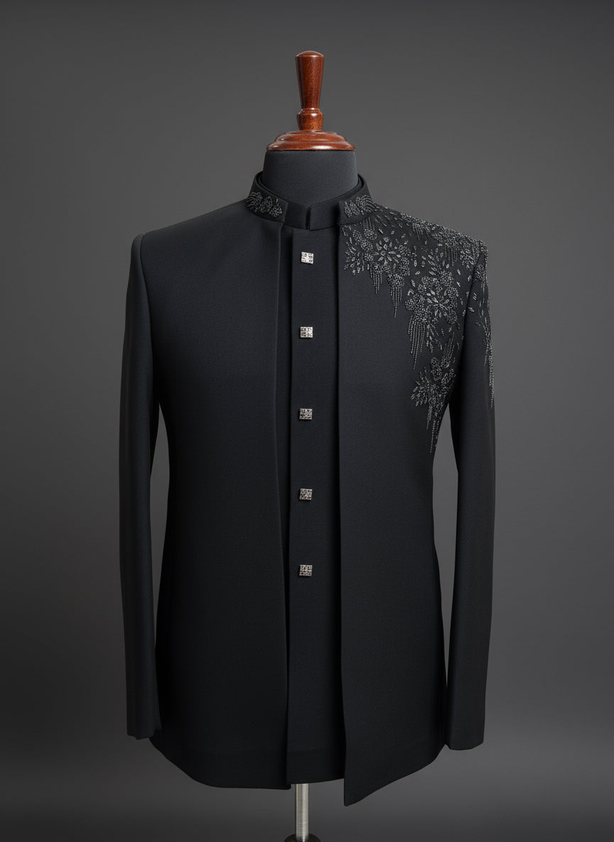 Classic Black Indo Western Suit with Elegant Shoulder Embroidery
