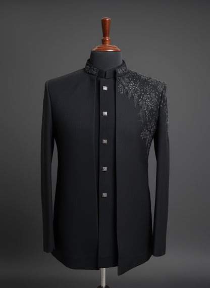 Classic Black Indo Western Suit with Elegant Shoulder Embroidery