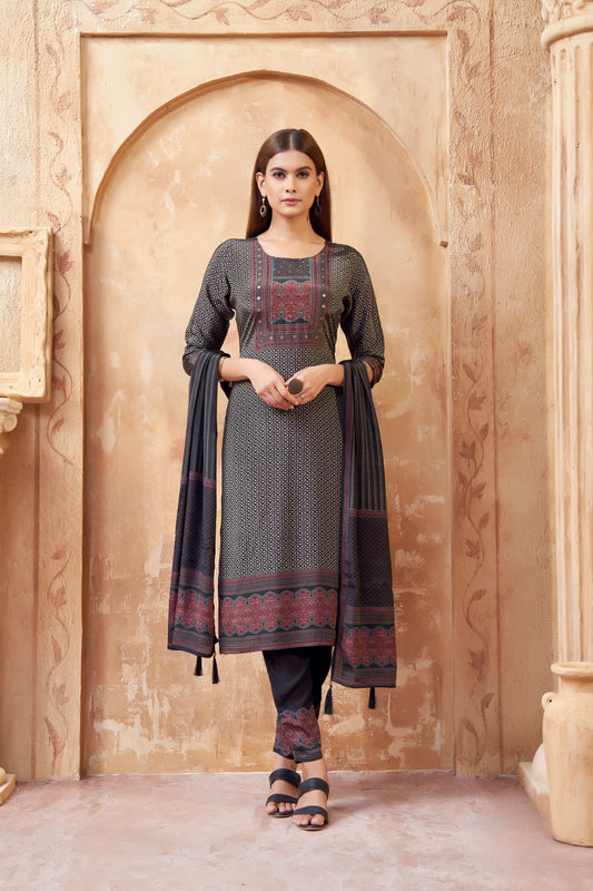Classic Black Printed Cotton Suit with Maroon & Teal Accents