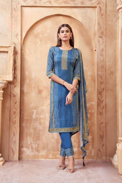 Classic Blue Cotton Suit with Chevron & Dot Print Accents
