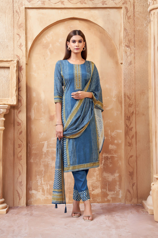 Classic Blue Cotton Suit with Chevron & Dot Print Accents