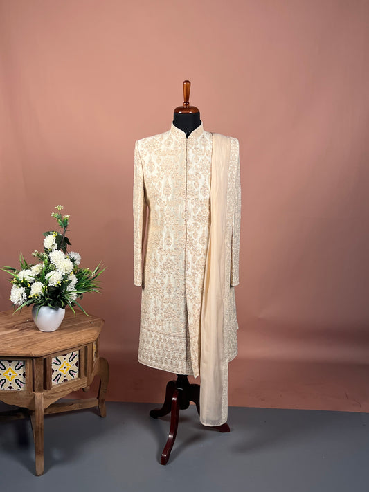 Classic Ivory Thread & Sequin Embroidered Sherwani Set