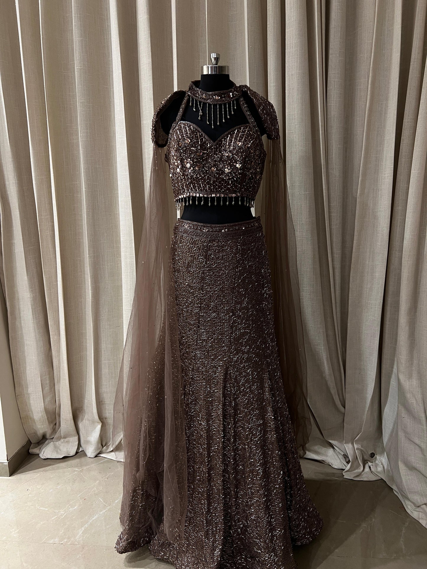 Coffee Brown Sequin Embroidered Party Lehenga with Cape Sleeves