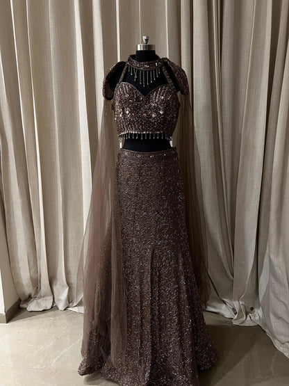Coffee Brown Sequin Embroidered Party Lehenga with Cape Sleeves
