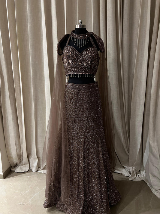 Coffee Brown Sequin Embroidered Party Lehenga with Cape Sleeves