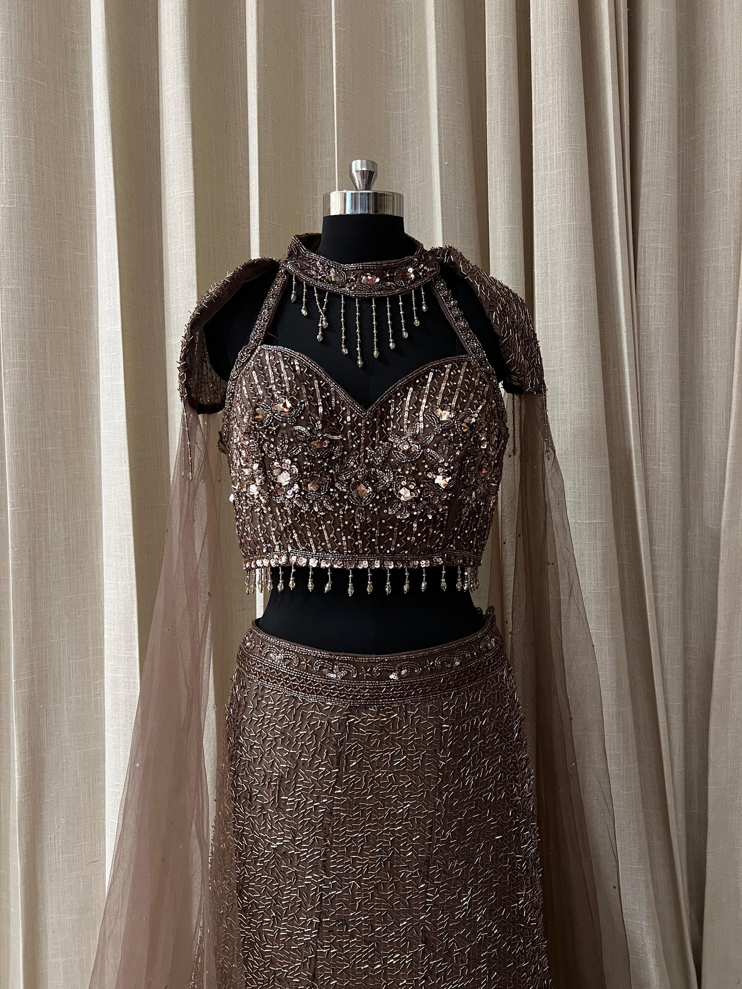 Coffee Brown Sequin Embroidered Party Lehenga with Cape Sleeves