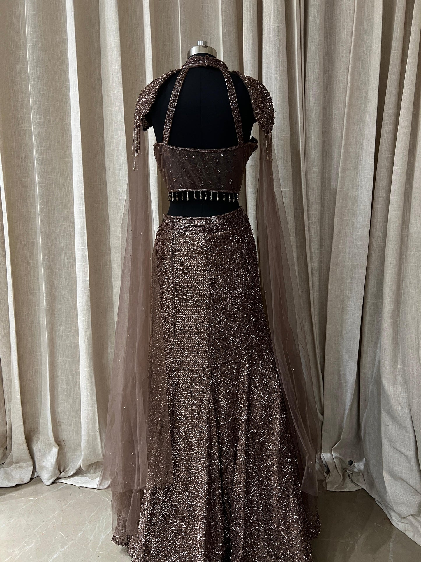 Coffee Brown Sequin Embroidered Party Lehenga with Cape Sleeves