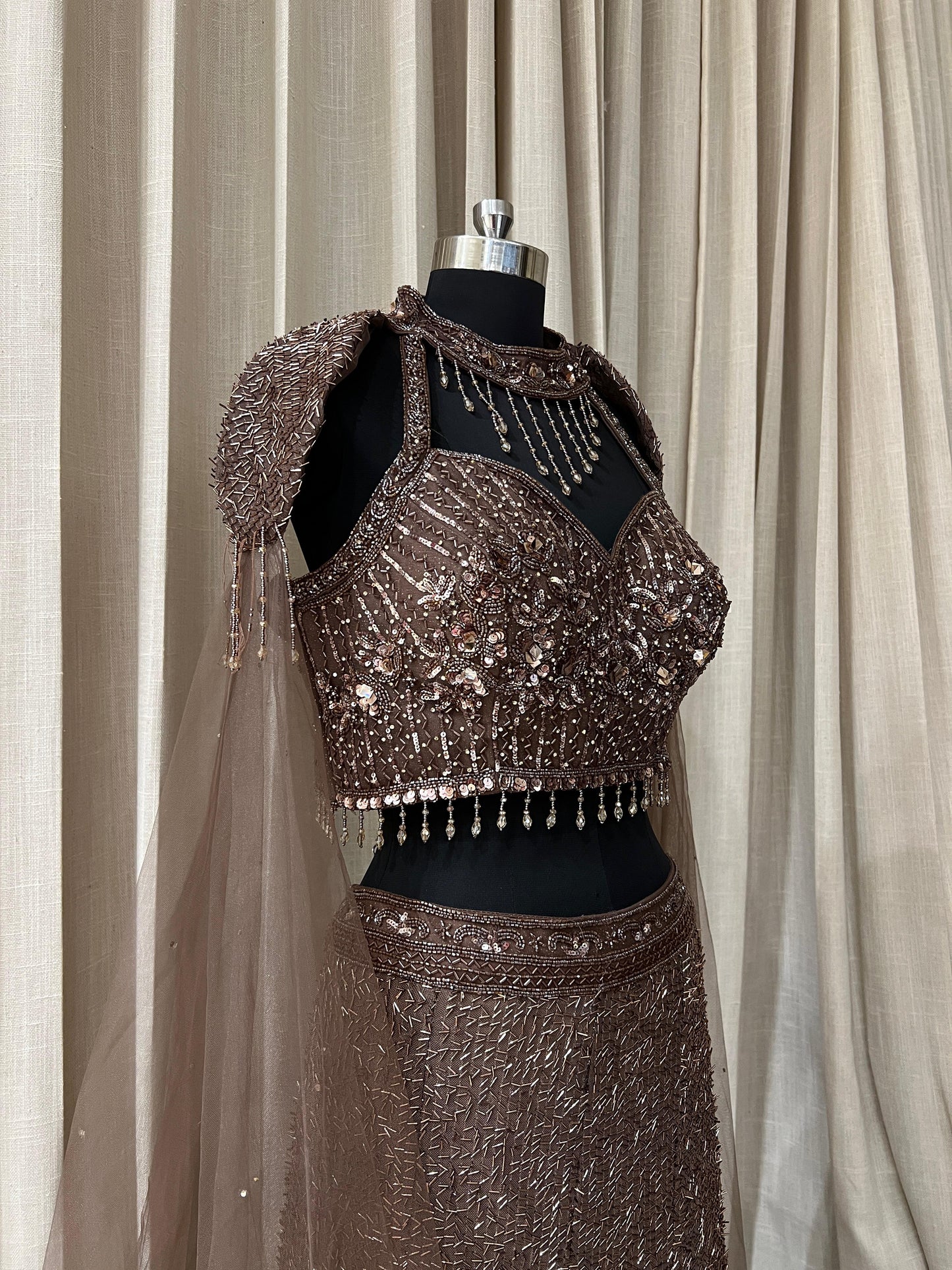 Coffee Brown Sequin Embroidered Party Lehenga with Cape Sleeves