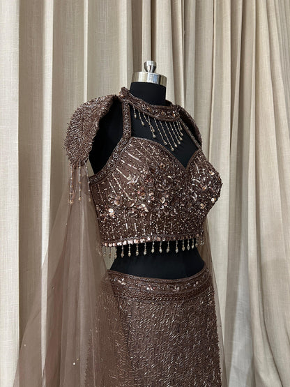 Coffee Brown Sequin Embroidered Party Lehenga with Cape Sleeves