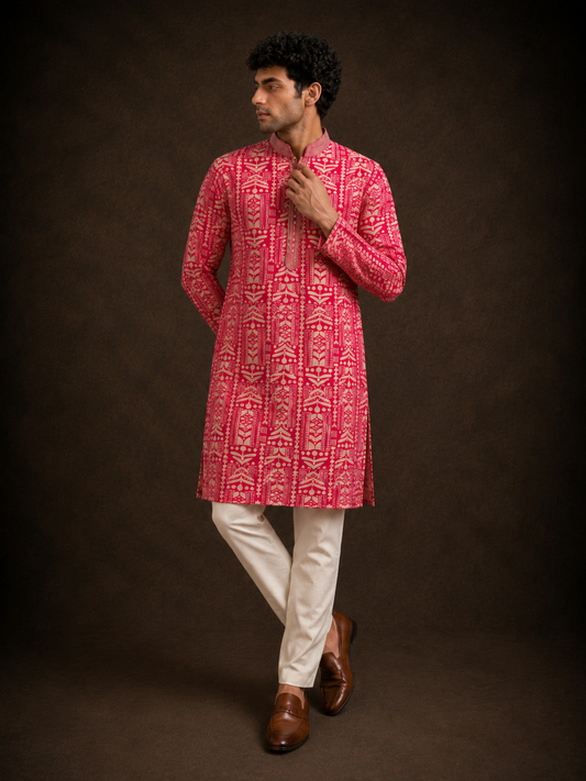 Coral Pink Tribal Printed Kurta with Ethnic Geometric Pattern