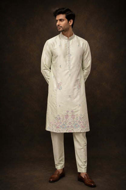 Cream Embroidered Silk Kurta Set for Men with Pastel Floral Thread Work and Straight Fit Pants