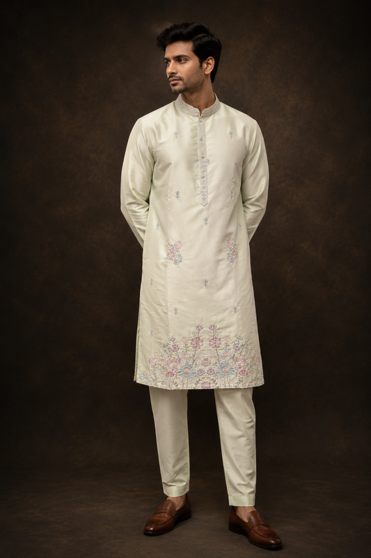 Cream Embroidered Silk Kurta Set for Men with Pastel Floral Thread Work and Straight Fit Pants