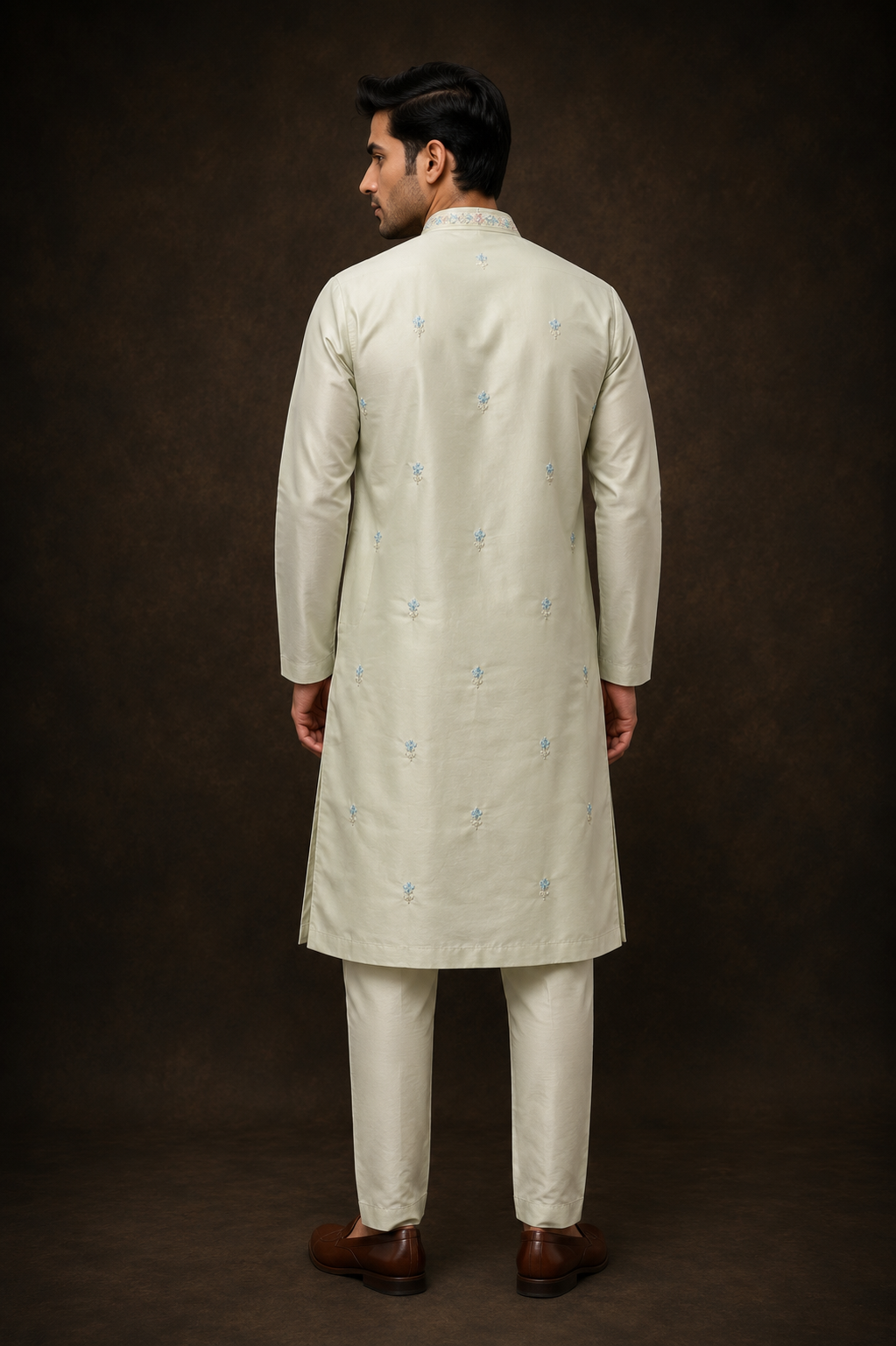 Cream Embroidered Silk Kurta Set for Men with Pastel Floral Thread Work and Straight Fit Pants