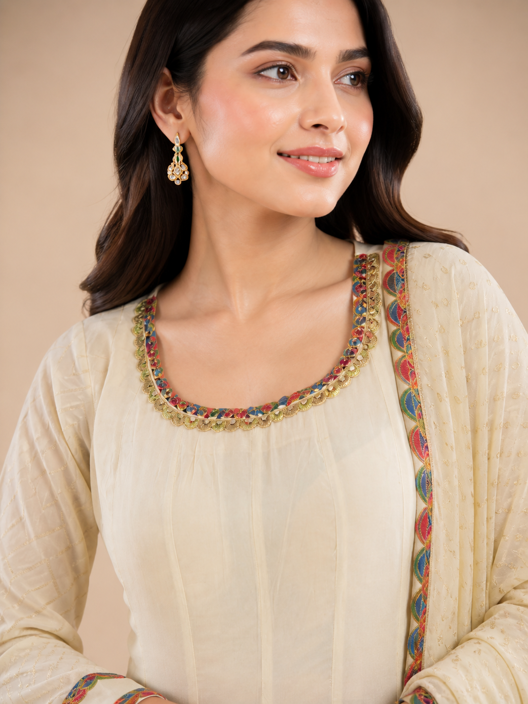 Cream Floral Embroidered Anarkali Dress with Multicolor Border & Elegant Dupatta