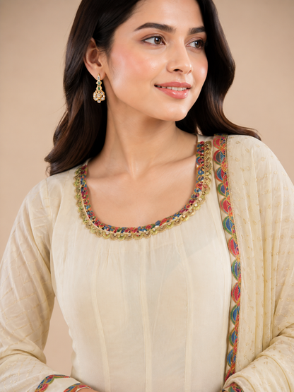 Cream Floral Embroidered Anarkali Dress with Multicolor Border & Elegant Dupatta