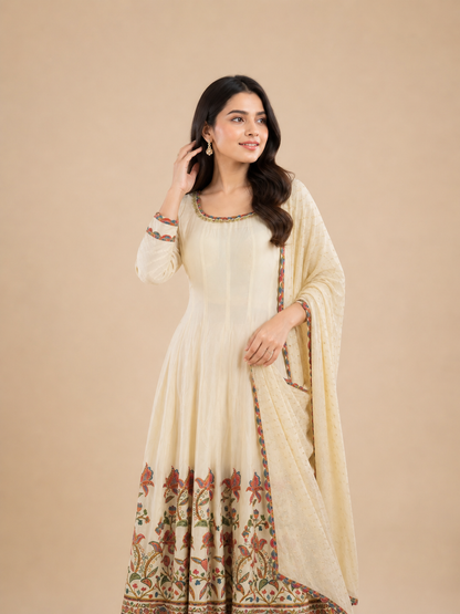 Cream Floral Embroidered Anarkali Dress with Multicolor Border & Elegant Dupatta