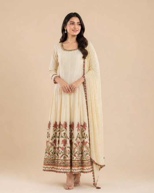 Cream Floral Embroidered Anarkali Dress with Multicolor Border & Elegant Dupatta