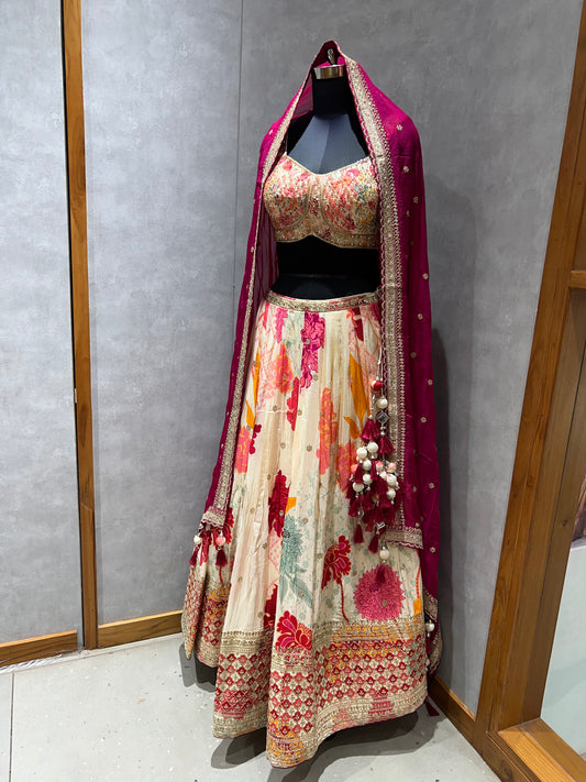 Cream Floral Lehenga with Rosy Pink Dupatta