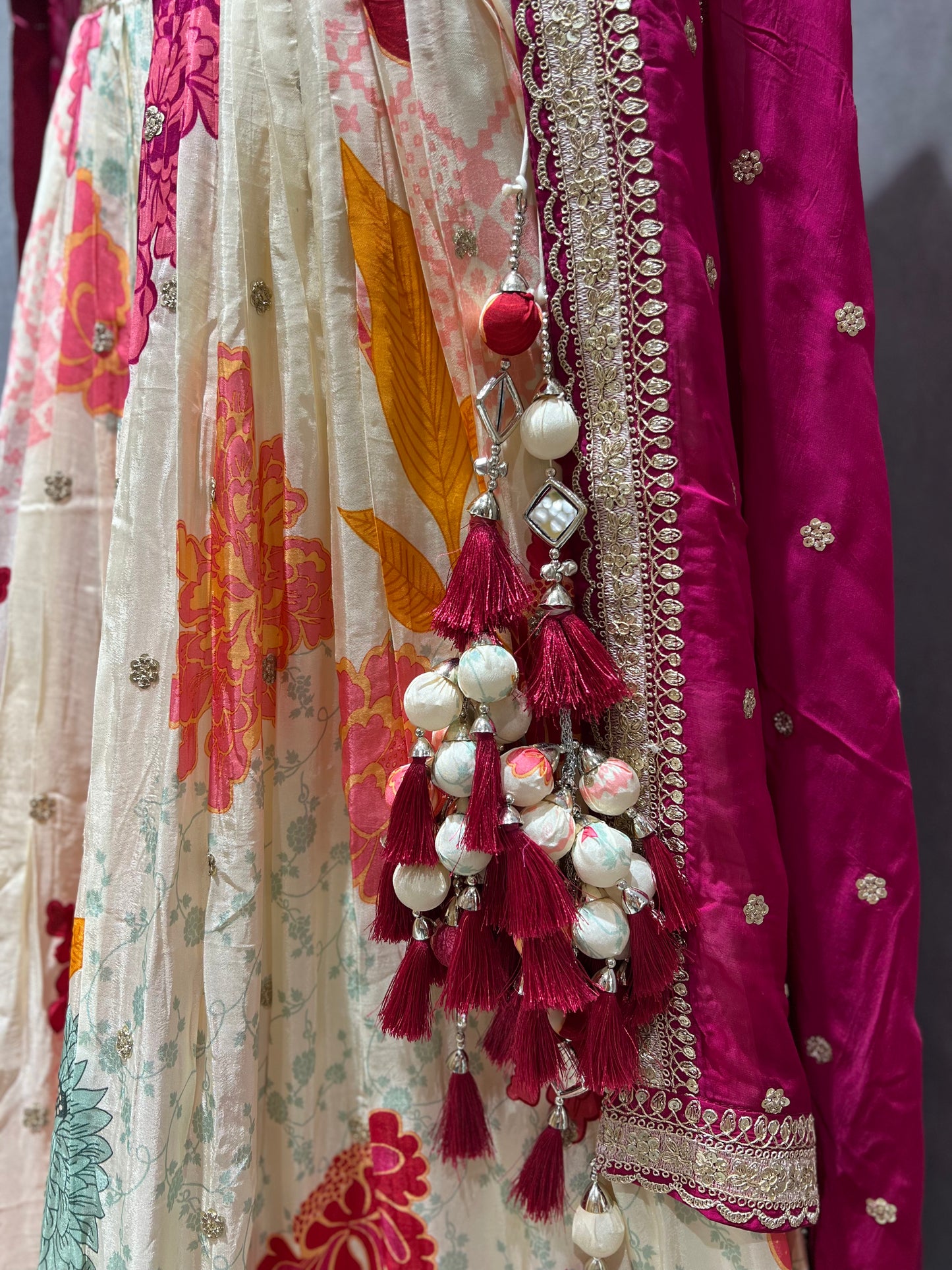 Cream Floral Lehenga with Rosy Pink Dupatta