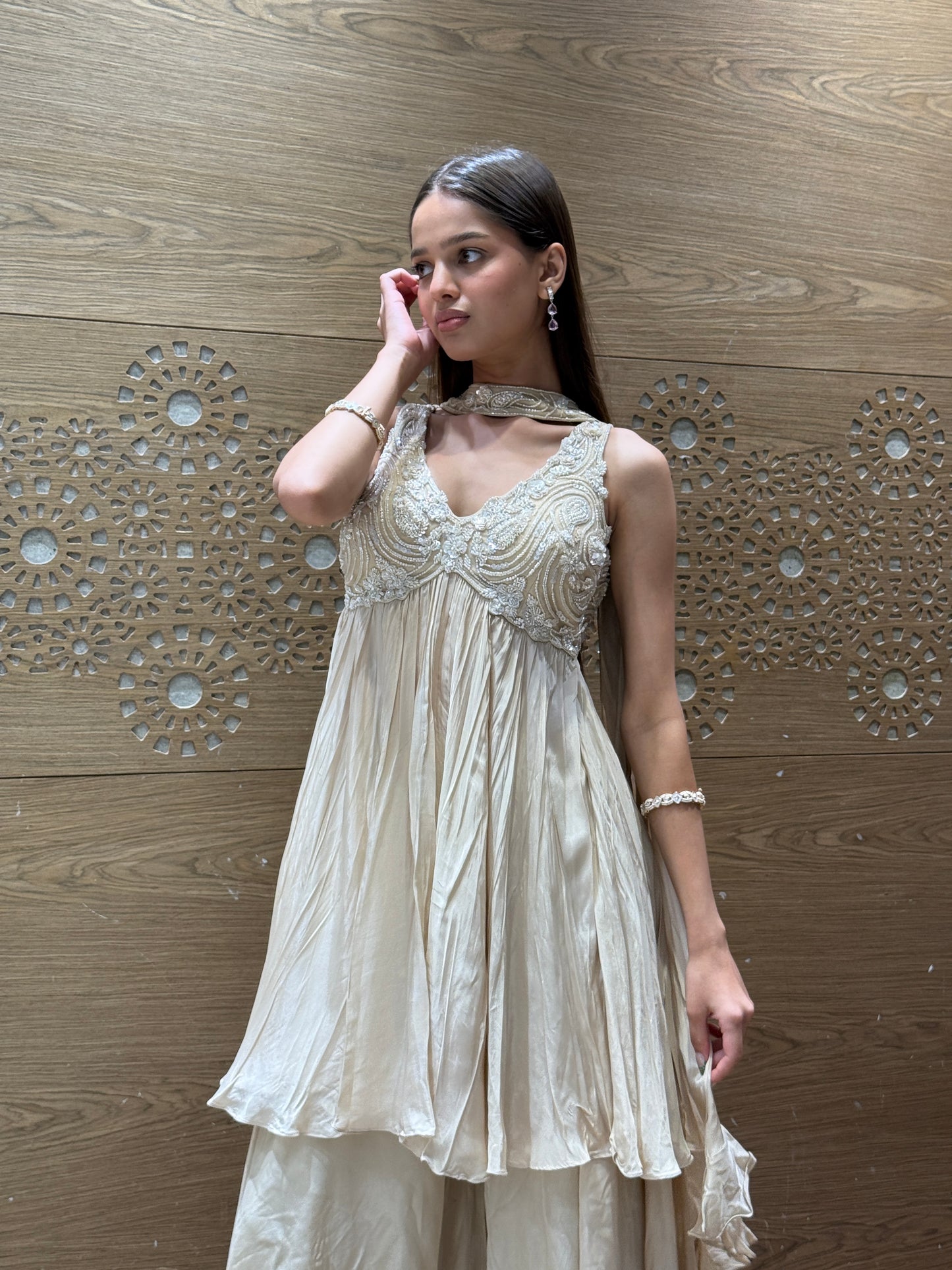 Cream Layered Indo-Western Set with Subtle Sequin and Thread Work