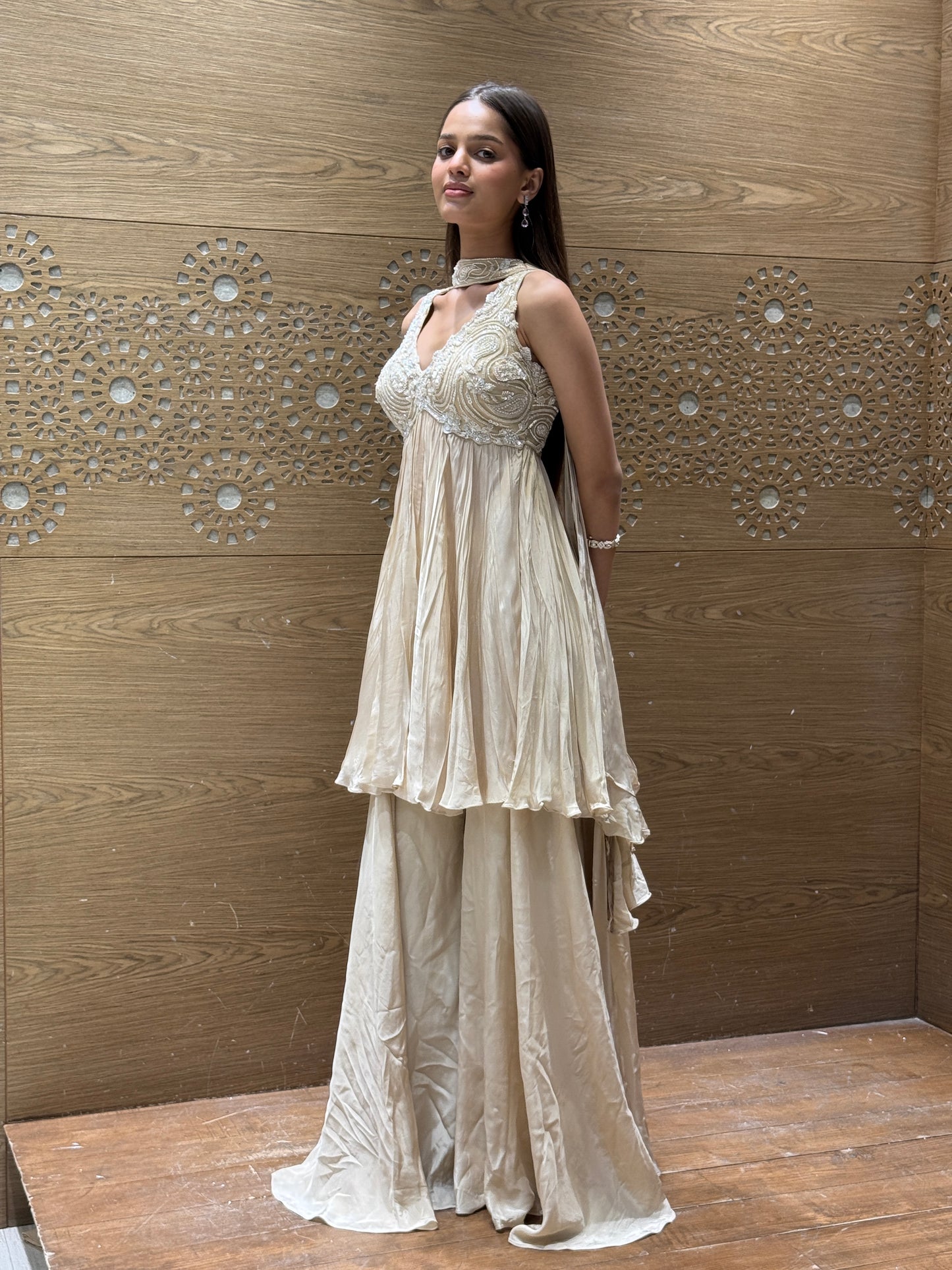 Cream Layered Indo-Western Set with Subtle Sequin and Thread Work