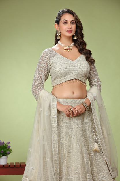 Cream Beige Stone Embellished Net Panelled Style Lehenga
