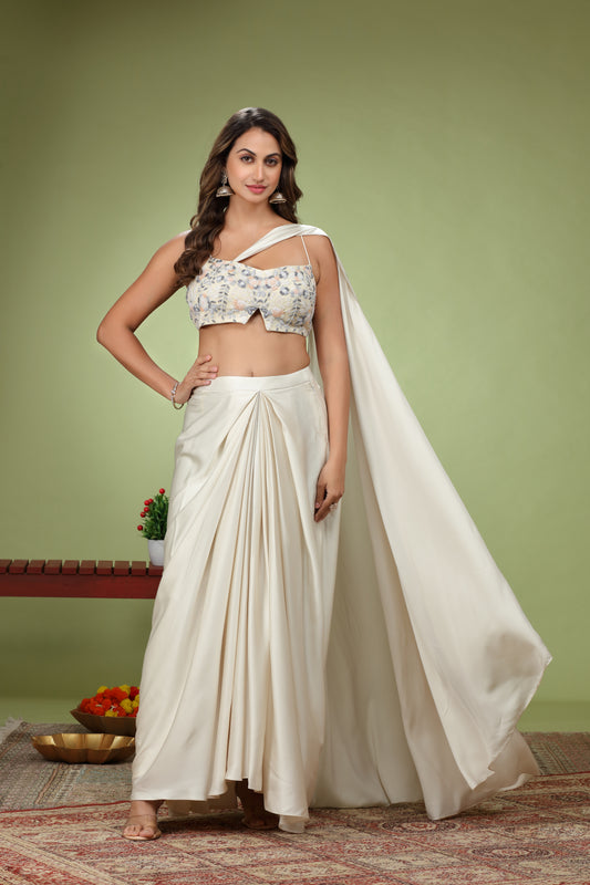 Cream Dhoti Lehenga Choli With Beads work Crop-top