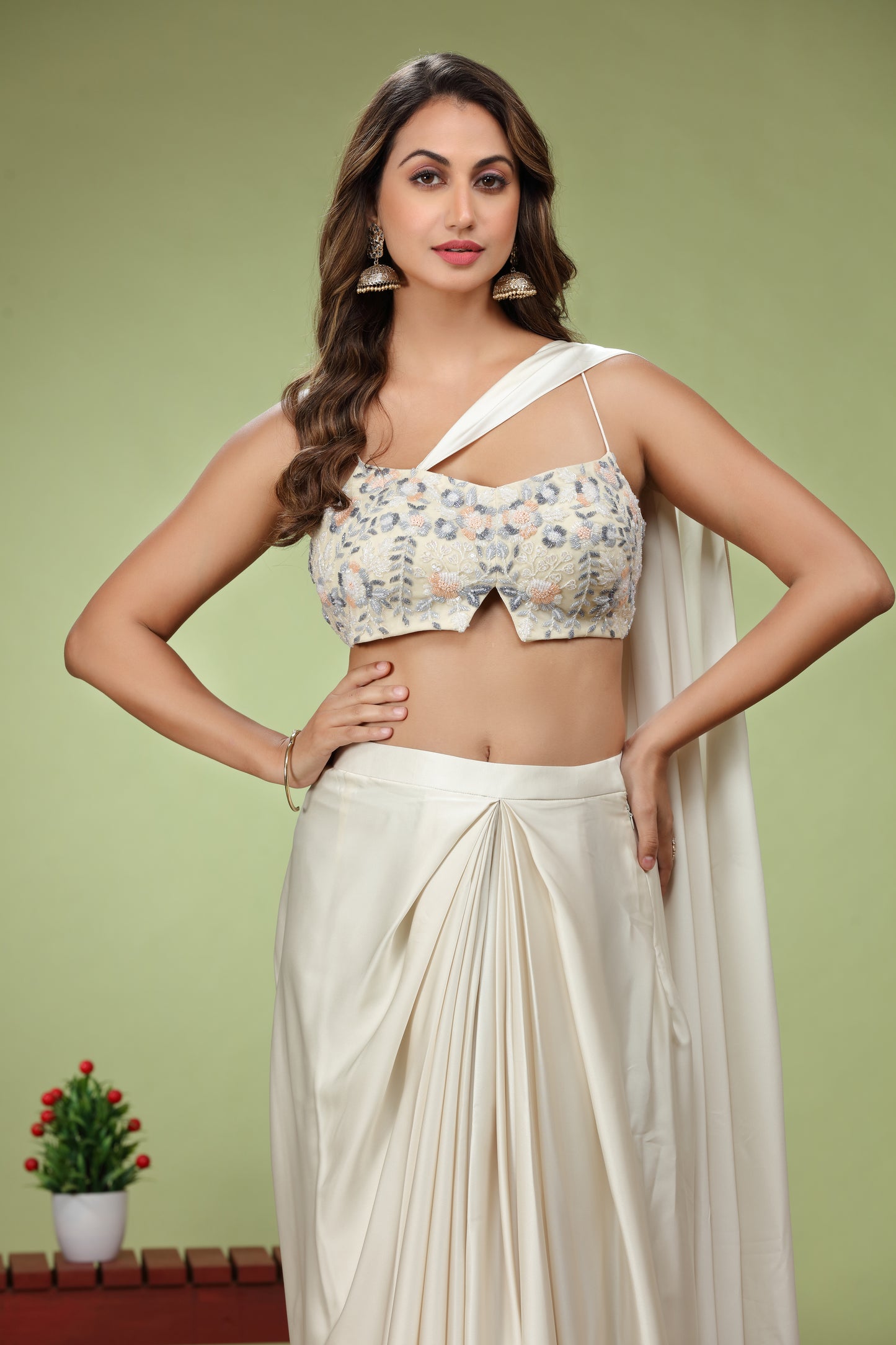 Cream Dhoti Lehenga Choli With Beads work Crop-top
