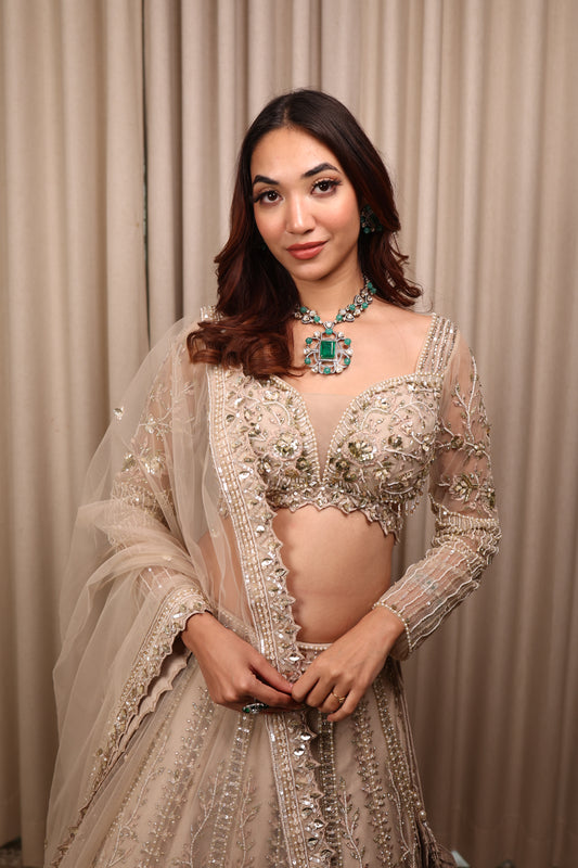 Cream & Gold Bridal's Slider Lehnga Choli With Sequences Work
