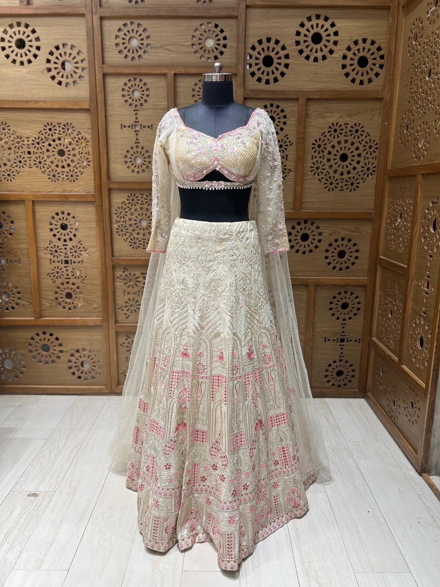 Cream & Pink Thread work Lehnga Choli