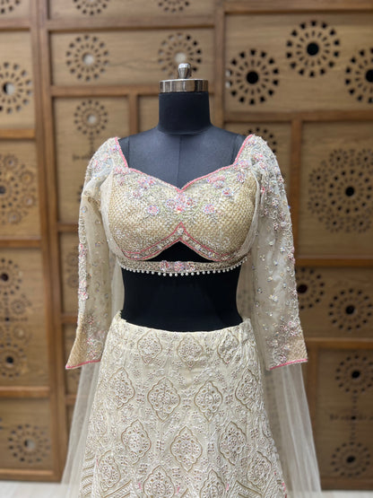 Cream & Pink Thread work Lehnga Choli