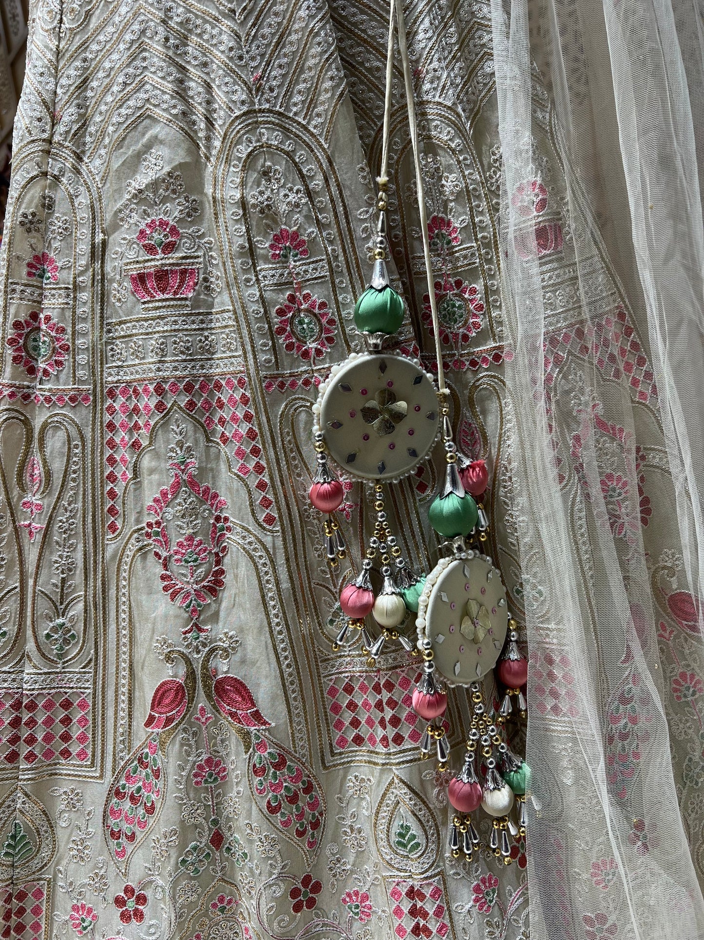 Cream & Pink Thread work Lehnga Choli