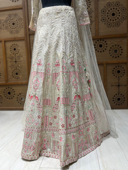Cream & Pink Thread work Lehnga Choli