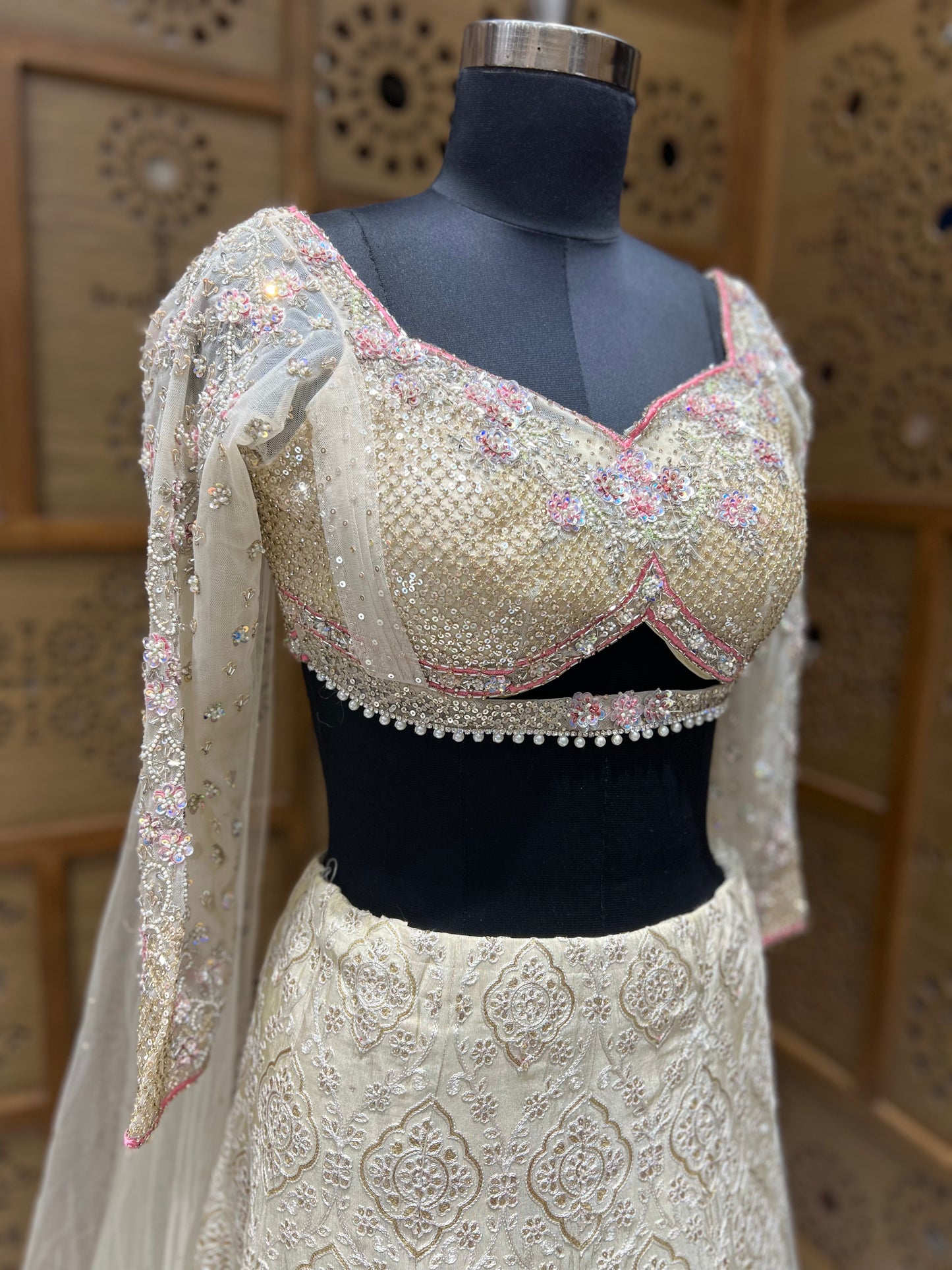Cream & Pink Thread work Lehnga Choli