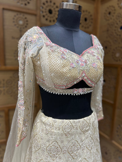 Cream & Pink Thread work Lehnga Choli
