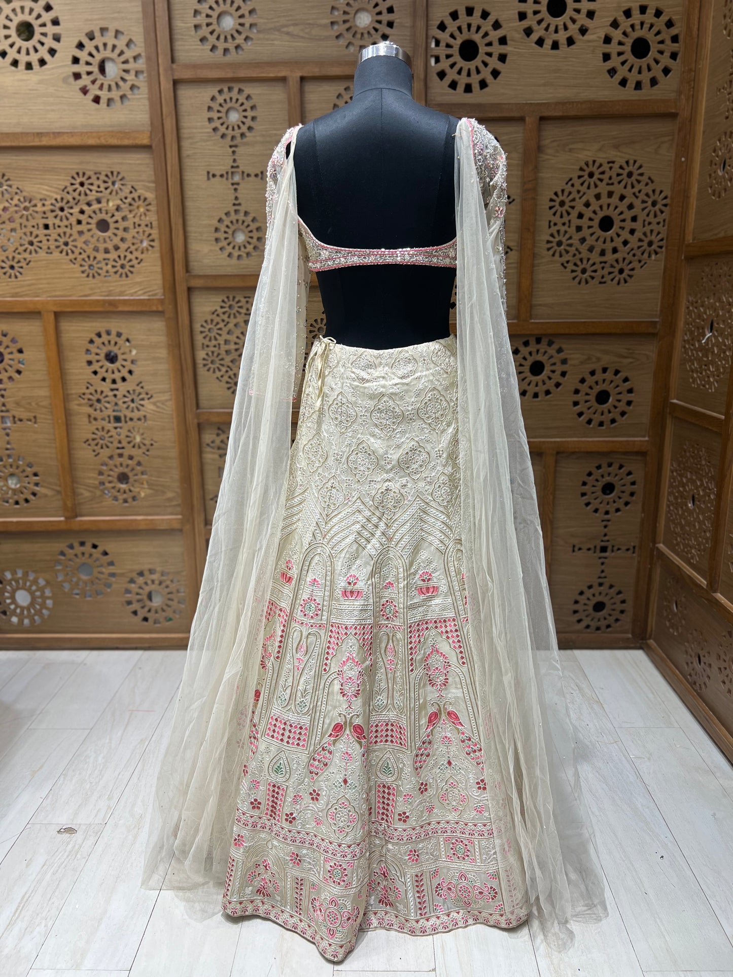 Cream & Pink Thread work Lehnga Choli