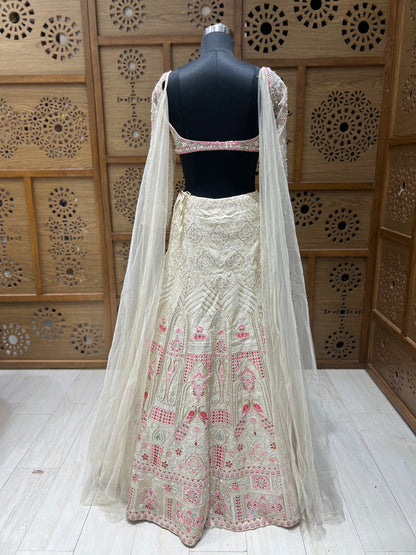 Cream & Pink Thread work Lehnga Choli