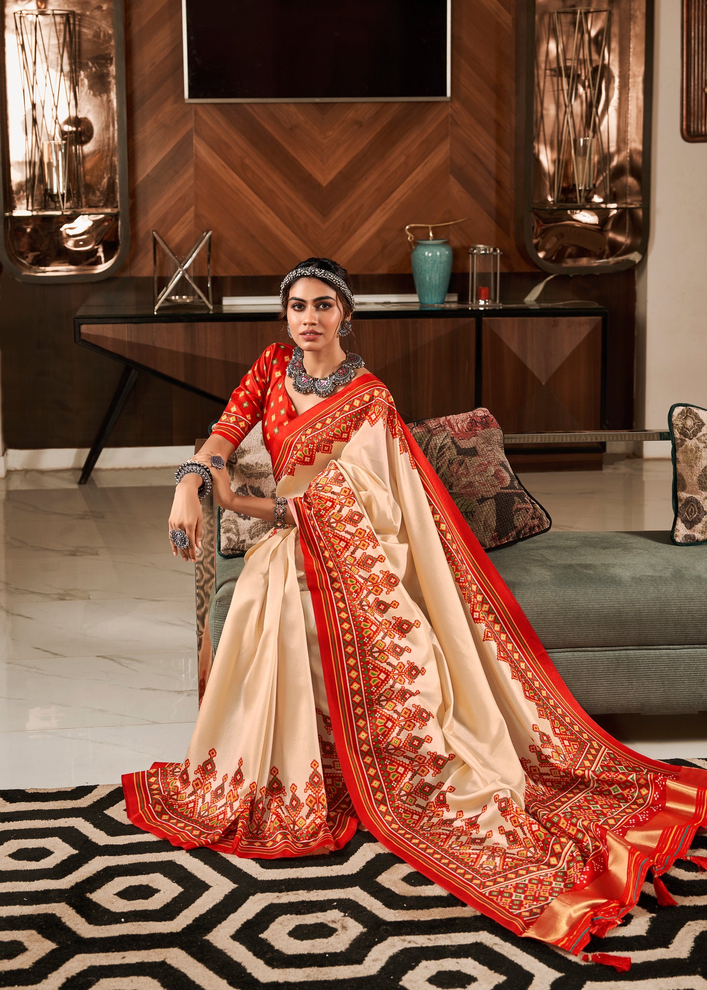 Cream & Red Patola Printed Tussar Silk Saree