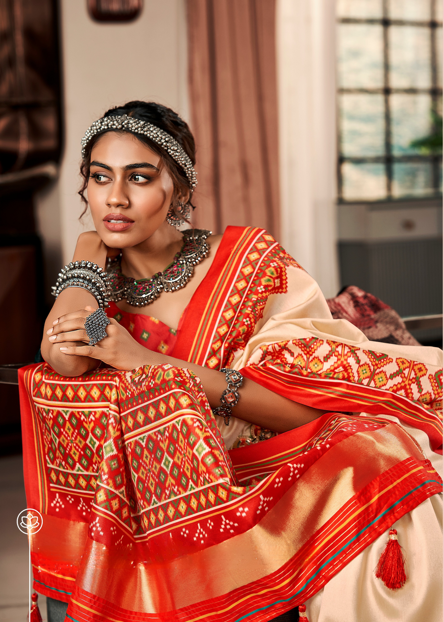 Cream & Red Patola Printed Tussar Silk Saree