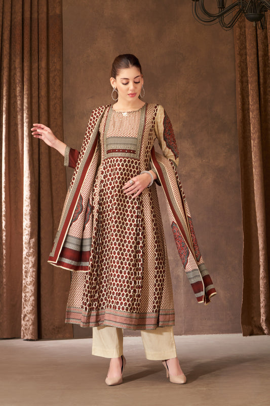Cream and Maroon Crepe Silk Kurti Set with Beads and Sequins Work
