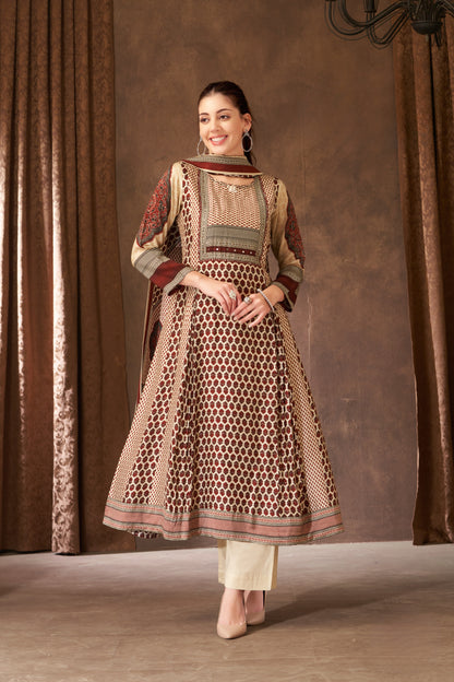 Cream and Maroon Crepe Silk Kurti Set with Beads and Sequins Work