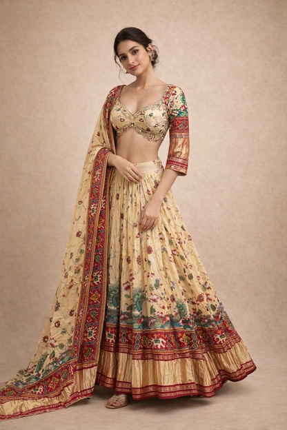 Cream and Red Floral Printed Lehenga Choli with Patola Border Dupatta