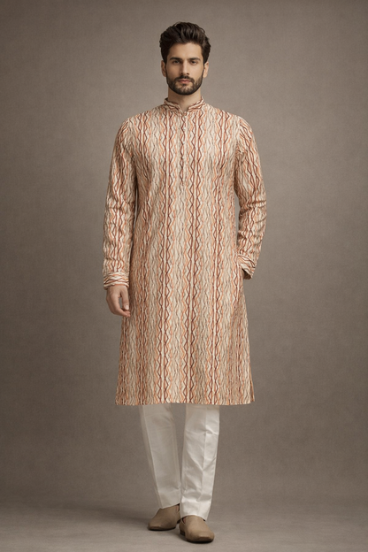 Cream and Rust Geometric Printed Kurta Set for Men with Straight Fit Pants
